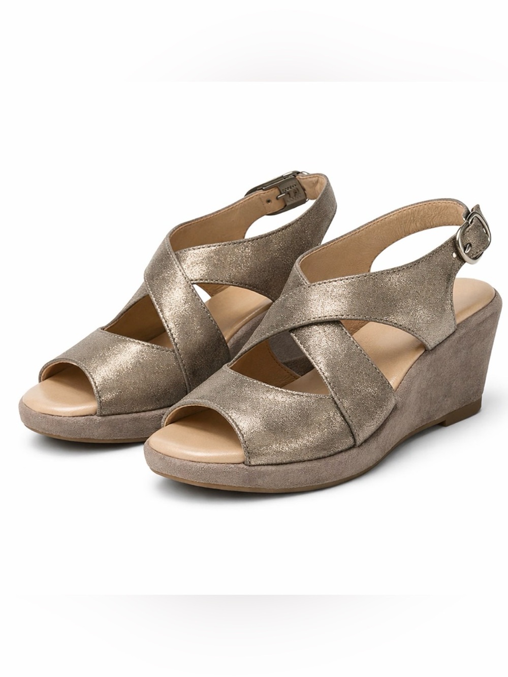 Metallic Leather Wedge Sandals Taupe Crisscross Peep Toe Strappy 8.5